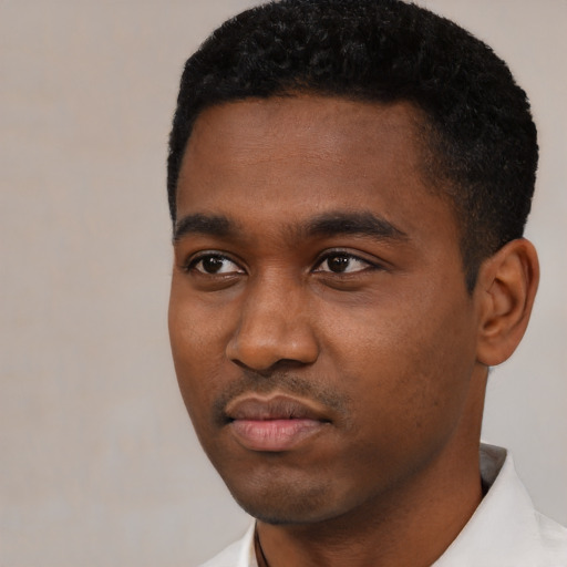 Neutral black young-adult male with short  black hair and brown eyes