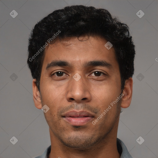 Neutral latino young-adult male with short  black hair and brown eyes