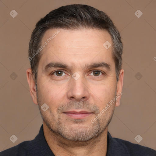 Neutral white adult male with short  brown hair and brown eyes