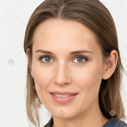 Joyful white young-adult female with long  brown hair and grey eyes