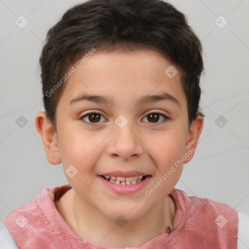 Joyful white child male with short  brown hair and brown eyes