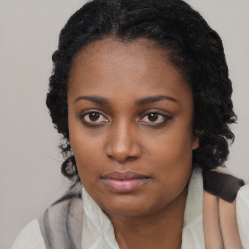 Neutral black young-adult female with long  brown hair and brown eyes