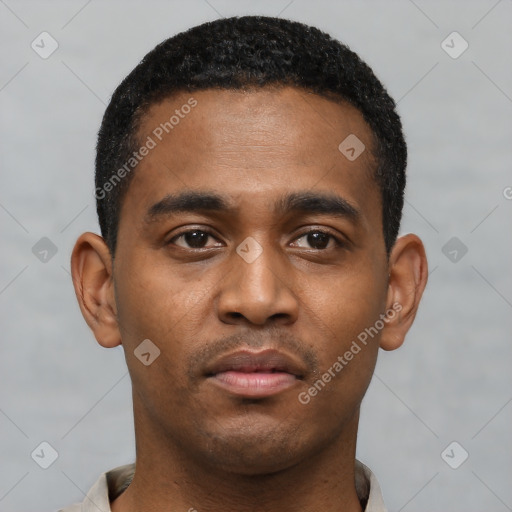 Neutral black young-adult male with short  black hair and brown eyes
