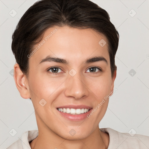 Joyful white young-adult female with short  brown hair and brown eyes