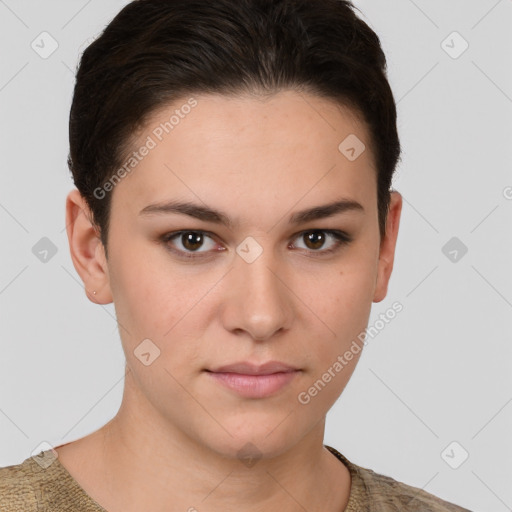 Neutral white young-adult female with short  brown hair and brown eyes