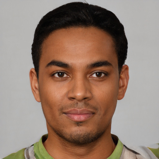 Neutral latino young-adult male with short  black hair and brown eyes