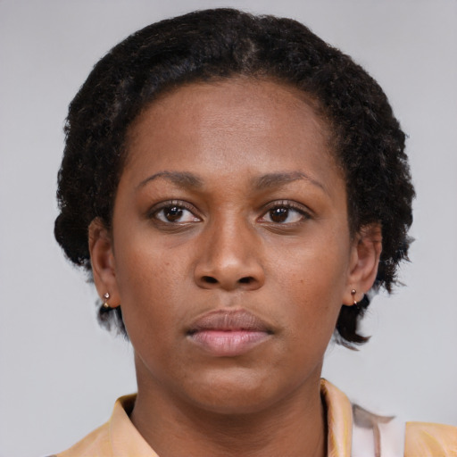 Neutral latino young-adult female with short  brown hair and brown eyes