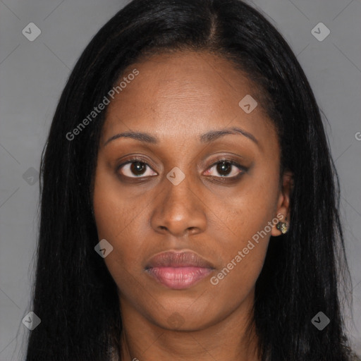 Joyful black young-adult female with long  black hair and brown eyes