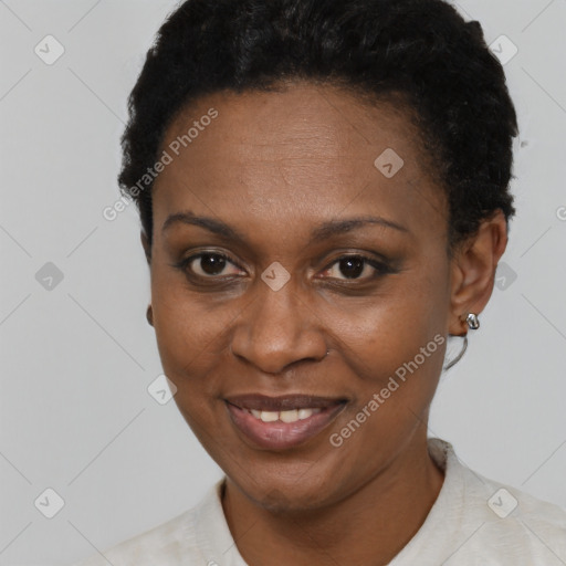 Joyful black adult female with short  black hair and brown eyes