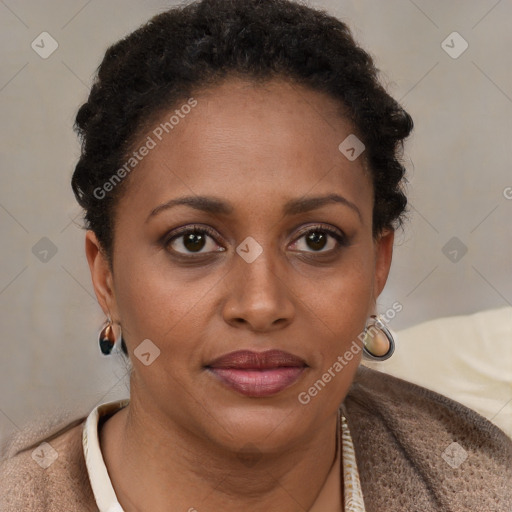 Joyful black young-adult female with short  brown hair and brown eyes