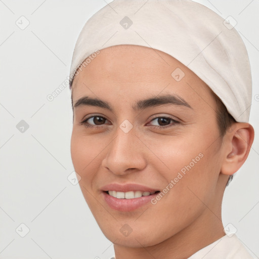 Joyful white young-adult female with short  brown hair and brown eyes