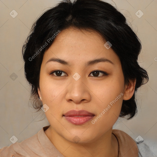 Joyful asian young-adult female with medium  brown hair and brown eyes