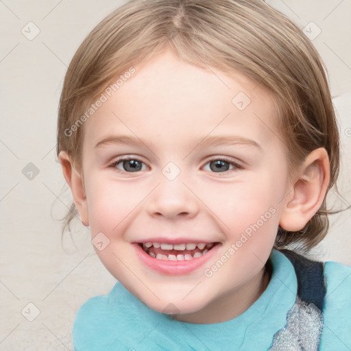 Joyful white child female with medium  brown hair and grey eyes