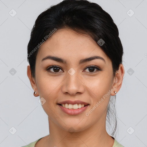 Joyful asian young-adult female with short  black hair and brown eyes