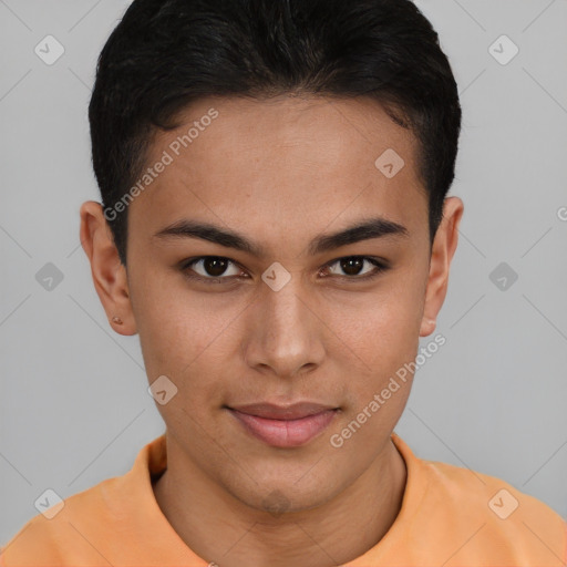 Joyful latino young-adult female with short  brown hair and brown eyes