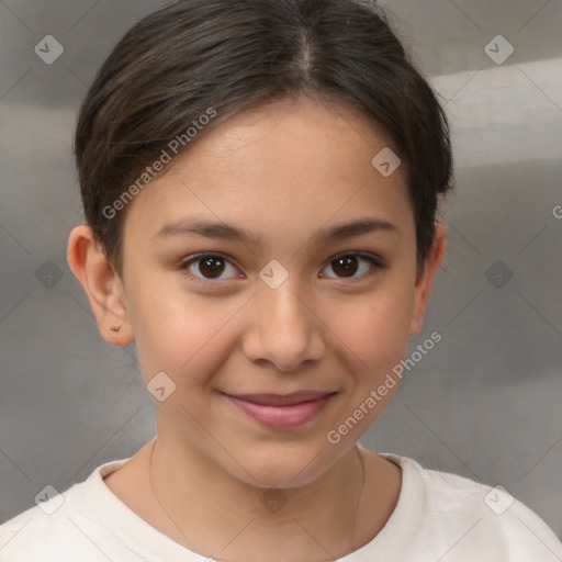 Joyful white child female with short  brown hair and brown eyes