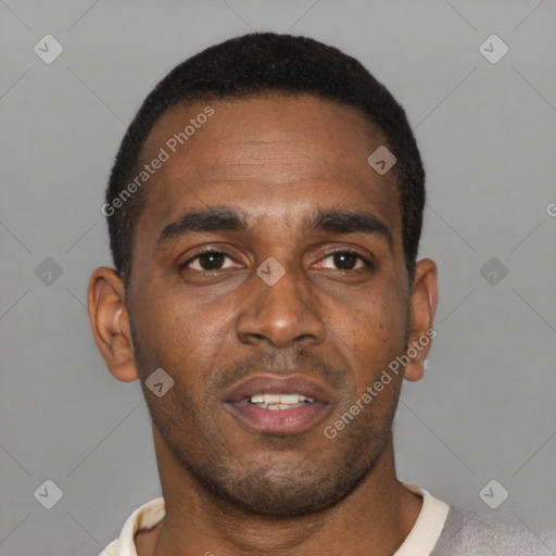 Neutral latino young-adult male with short  black hair and brown eyes
