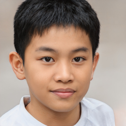 Joyful asian child male with short  brown hair and brown eyes