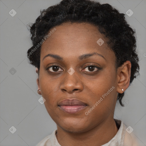 Neutral black young-adult female with short  black hair and brown eyes