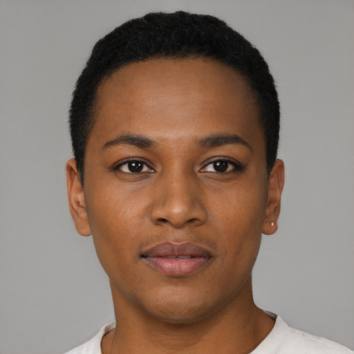 Neutral black young-adult female with short  black hair and brown eyes