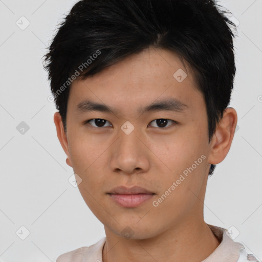 Neutral asian young-adult male with short  black hair and brown eyes