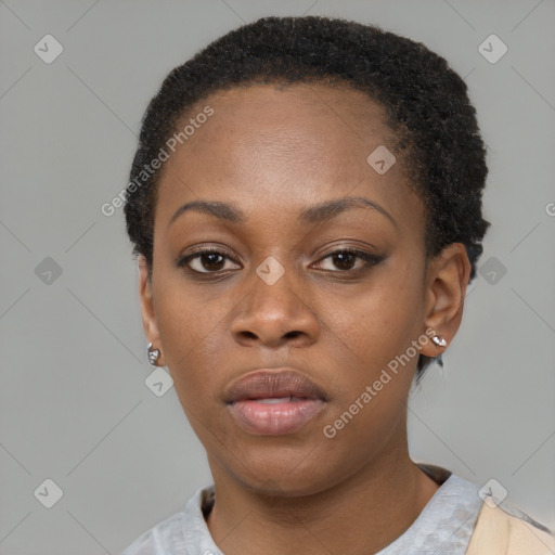 Neutral black young-adult female with short  black hair and brown eyes