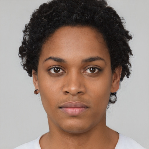 Neutral black young-adult female with short  black hair and brown eyes