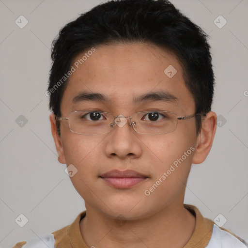 Neutral asian young-adult male with short  black hair and brown eyes