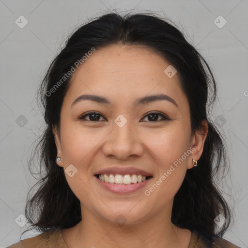 Joyful asian young-adult female with medium  brown hair and brown eyes