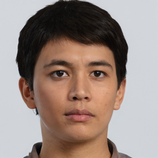 Neutral asian young-adult male with short  brown hair and brown eyes