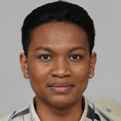 Joyful black young-adult female with short  black hair and brown eyes