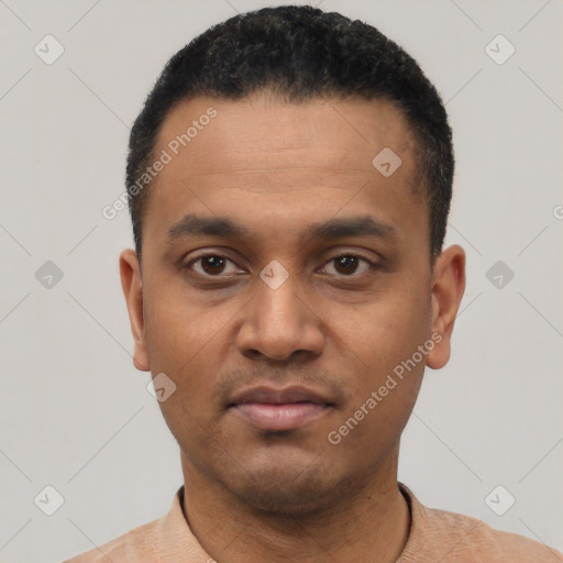 Neutral latino young-adult male with short  black hair and brown eyes