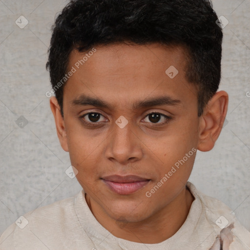 Joyful black young-adult male with short  brown hair and brown eyes