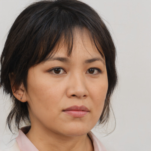 Neutral asian young-adult female with medium  brown hair and brown eyes