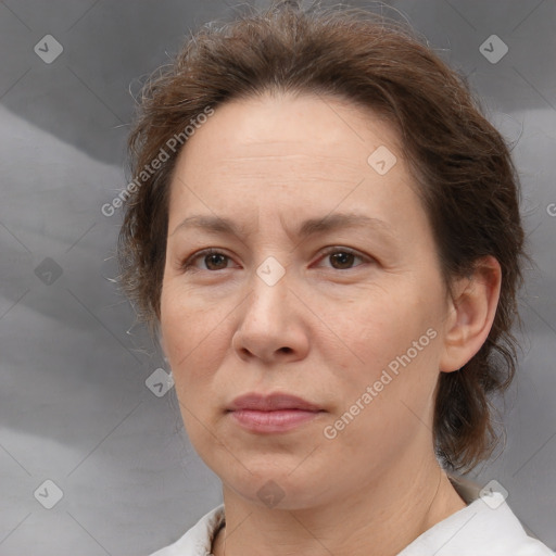 Neutral white adult female with medium  brown hair and brown eyes