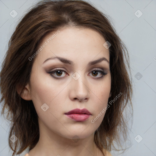 Neutral white young-adult female with medium  brown hair and brown eyes