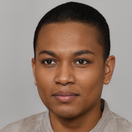 Neutral black young-adult female with short  black hair and brown eyes