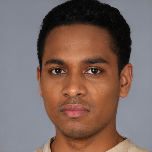 Neutral black young-adult male with short  black hair and brown eyes