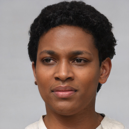 Neutral black young-adult female with short  black hair and brown eyes