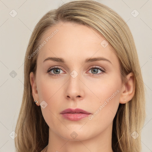 Neutral white young-adult female with long  brown hair and grey eyes