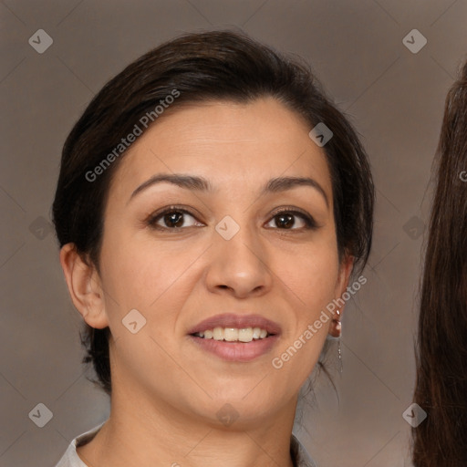 Joyful white young-adult female with medium  brown hair and brown eyes