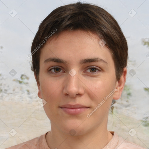 Joyful white young-adult female with short  brown hair and brown eyes