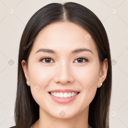 Joyful white young-adult female with long  brown hair and brown eyes