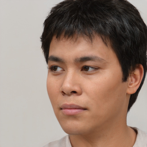 Neutral asian young-adult male with short  black hair and brown eyes