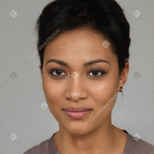 Joyful latino young-adult female with short  black hair and brown eyes