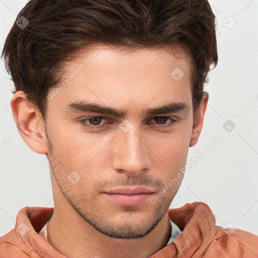 Neutral white young-adult male with short  brown hair and brown eyes