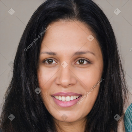 Joyful asian young-adult female with long  brown hair and brown eyes