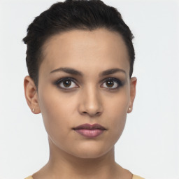 Neutral white young-adult female with short  brown hair and brown eyes