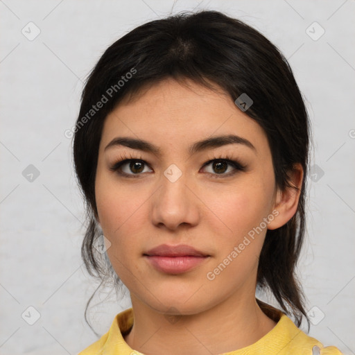 Neutral asian young-adult female with medium  brown hair and brown eyes