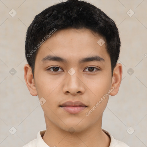 Neutral asian young-adult male with short  black hair and brown eyes
